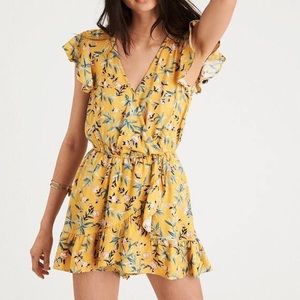 American Eagle Yellow Floral Wrap Ruffle V Neck Skort Prairie Short Dress S
